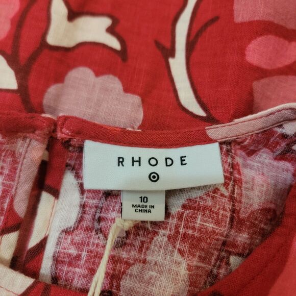 Rhode X Target Dress Womans 10 Red Zinnia Floral Print Midi Ruffle Linen NWT - Picture 8 of 10